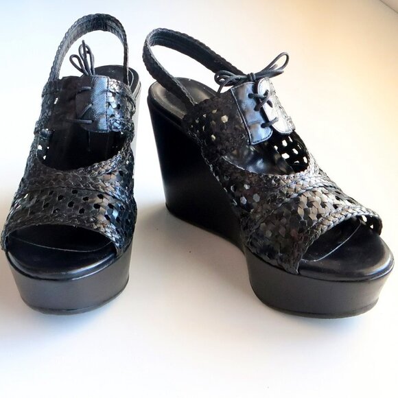 Stephane Kelian Black Leather Platform Wedge Heel Lace Up Sandals / Summer Shoes - Picture 11 of 16